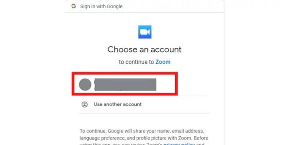 Pilih akun google zoom