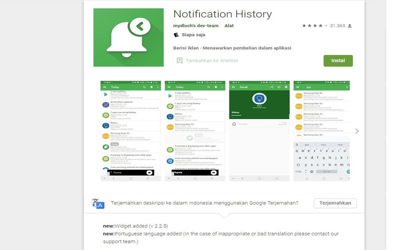 Aplikasi Notification History via Google Playstore