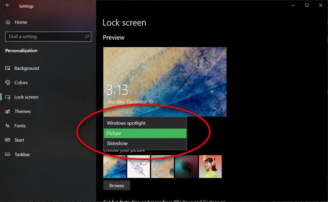  'Picture' atau 'Slideshow' alih-alih Windows Spotlight