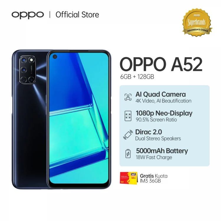 Oppo A52 28 HP harga 2 jutaan Terbaik, Spek RAM 12 GB, 50 MP, 6000 mAh
